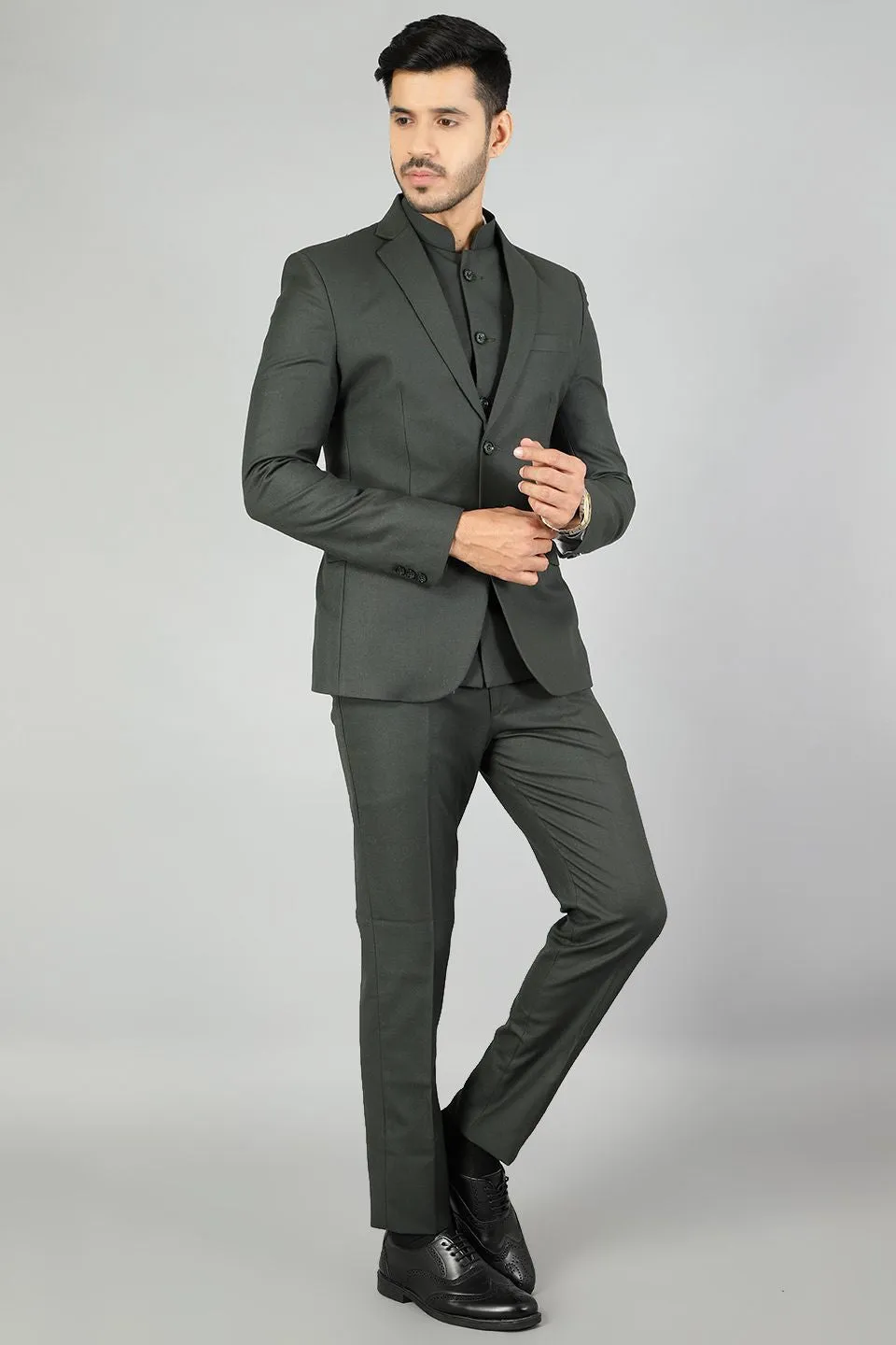 Polyester Cotton Plain Green Three Piece Suit