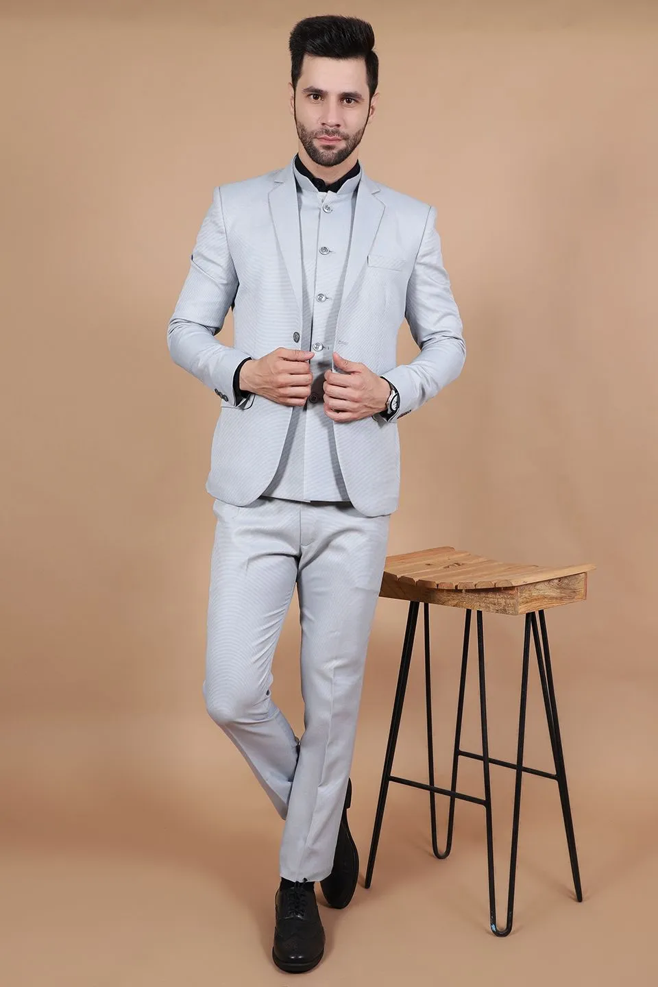 Polyester Cotton Silver Three Piece Suit