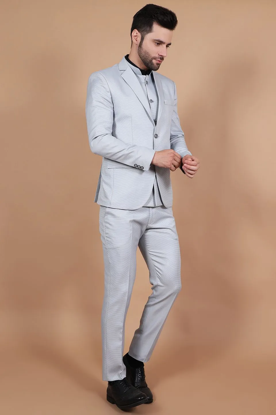 Polyester Cotton Silver Three Piece Suit