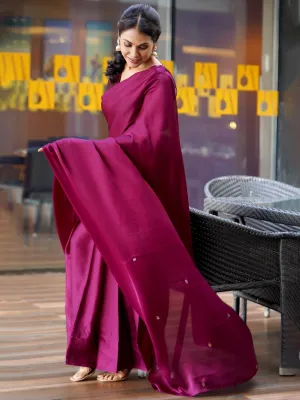 Pre-Draped 1-Minute Wine Satin Saree With Self Fabric Blouse