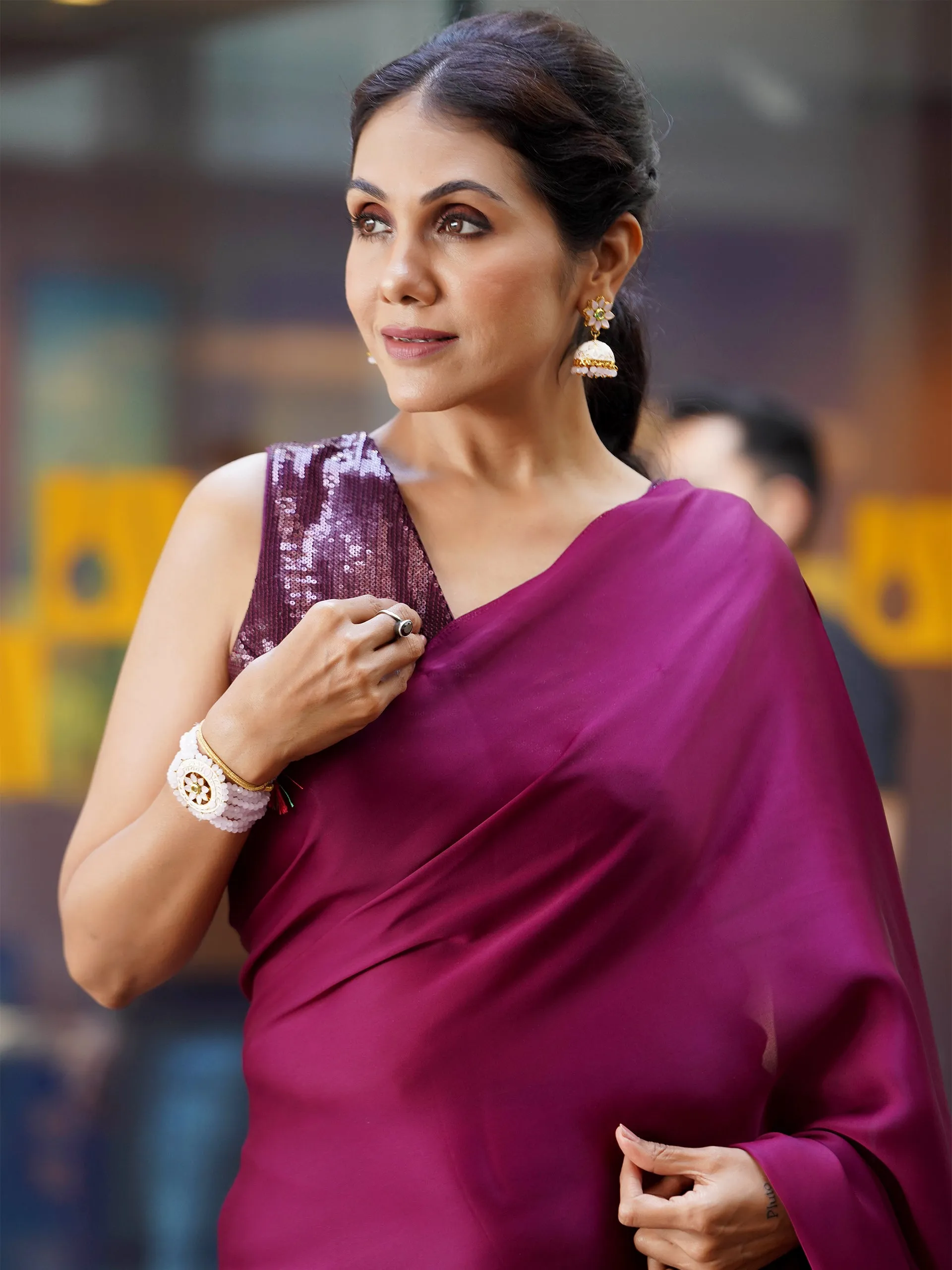 Pre-Draped 1-Minute Wine Satin Saree With Self Fabric Blouse