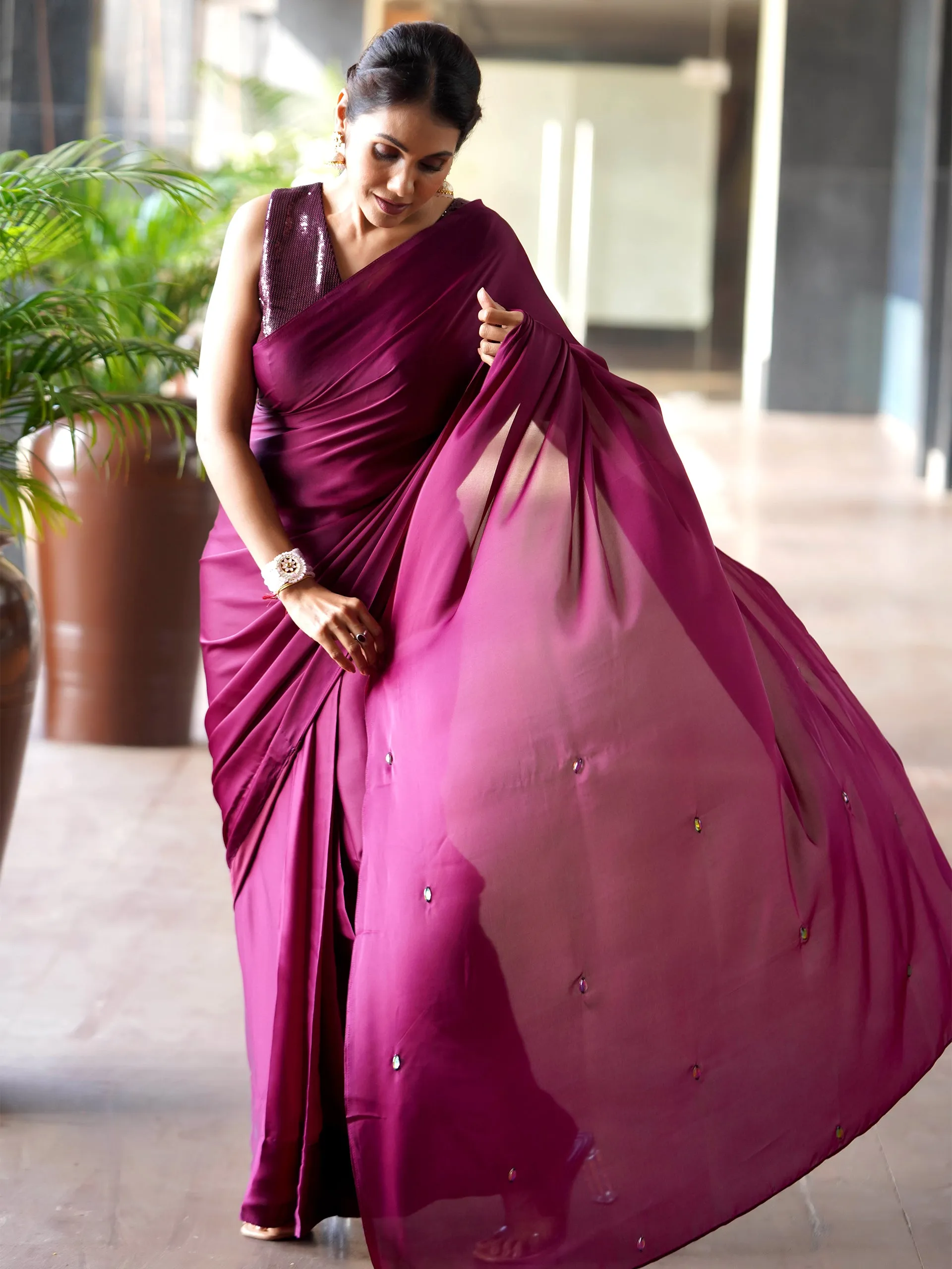Pre-Draped 1-Minute Wine Satin Saree With Self Fabric Blouse