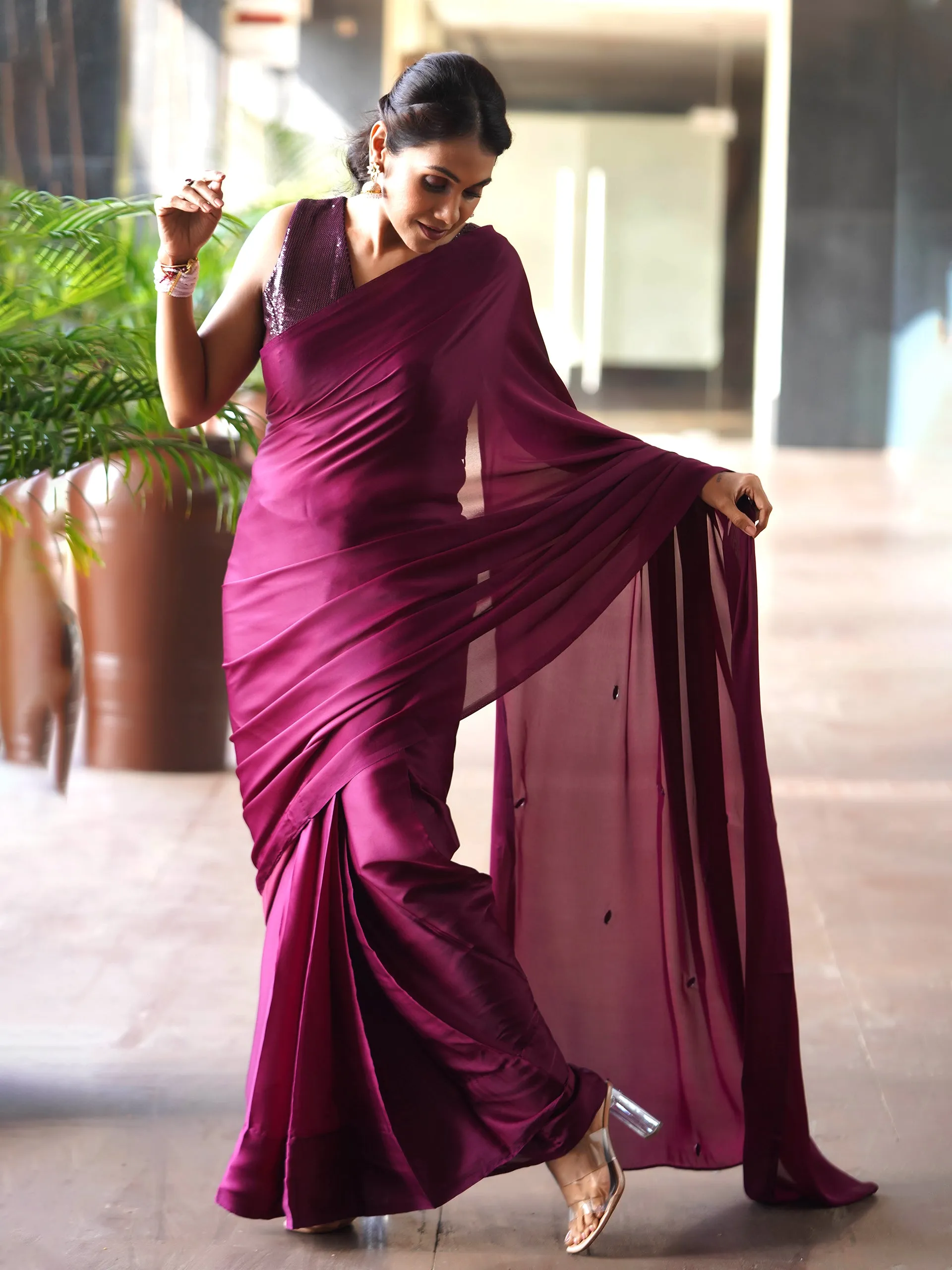 Pre-Draped 1-Minute Wine Satin Saree With Self Fabric Blouse