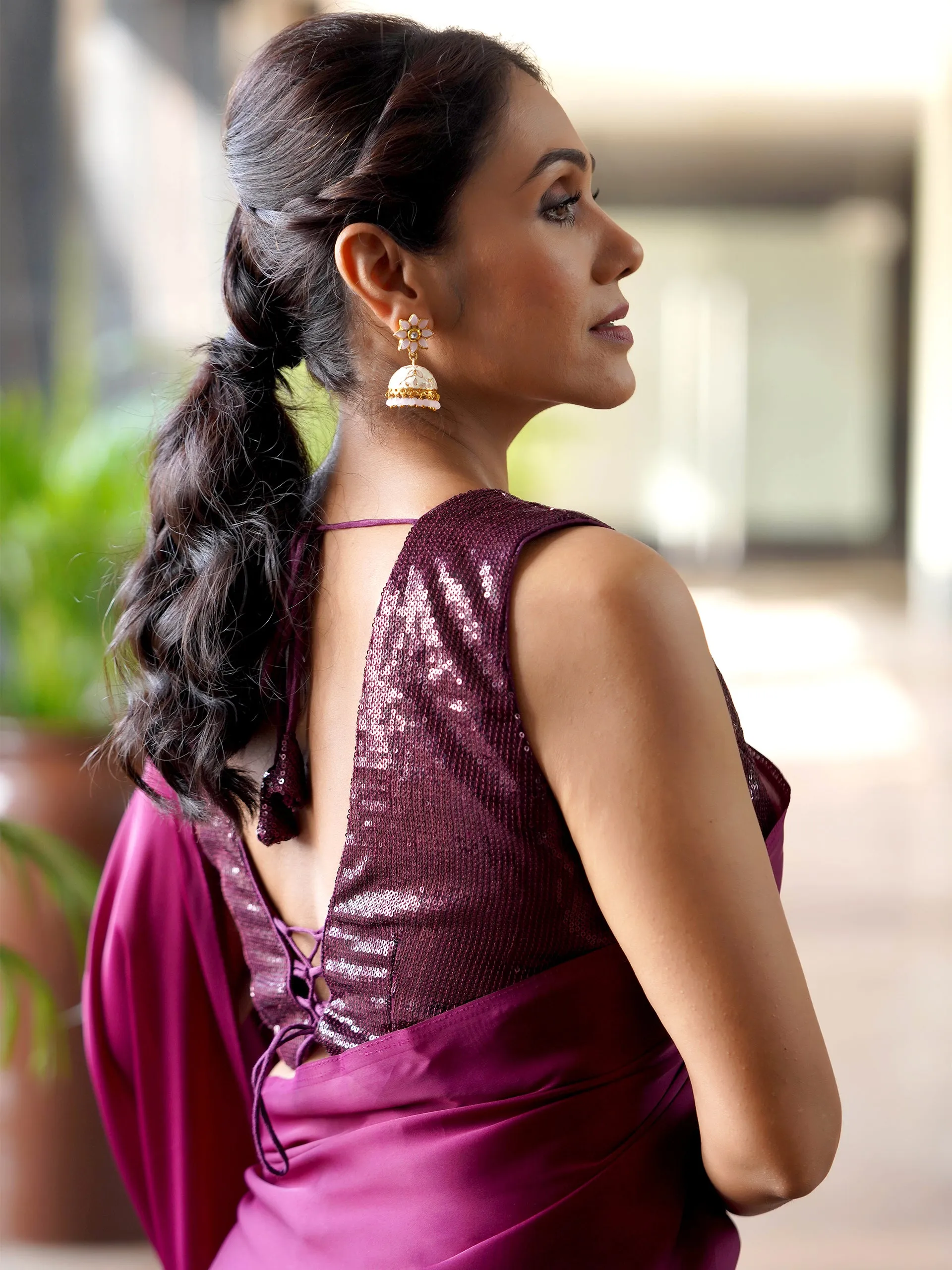 Pre-Draped 1-Minute Wine Satin Saree With Self Fabric Blouse
