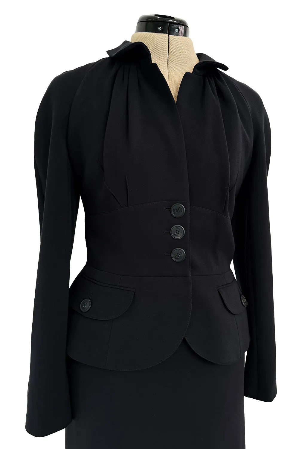 Pre-Fall 2011 Christian Dior by John Galliano Black Silk Suit w Back Flared Skirt & Gathered Detailed Jacket