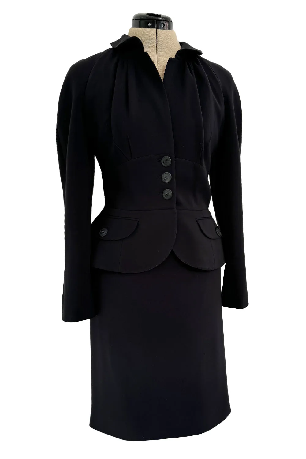 Pre-Fall 2011 Christian Dior by John Galliano Black Silk Suit w Back Flared Skirt & Gathered Detailed Jacket
