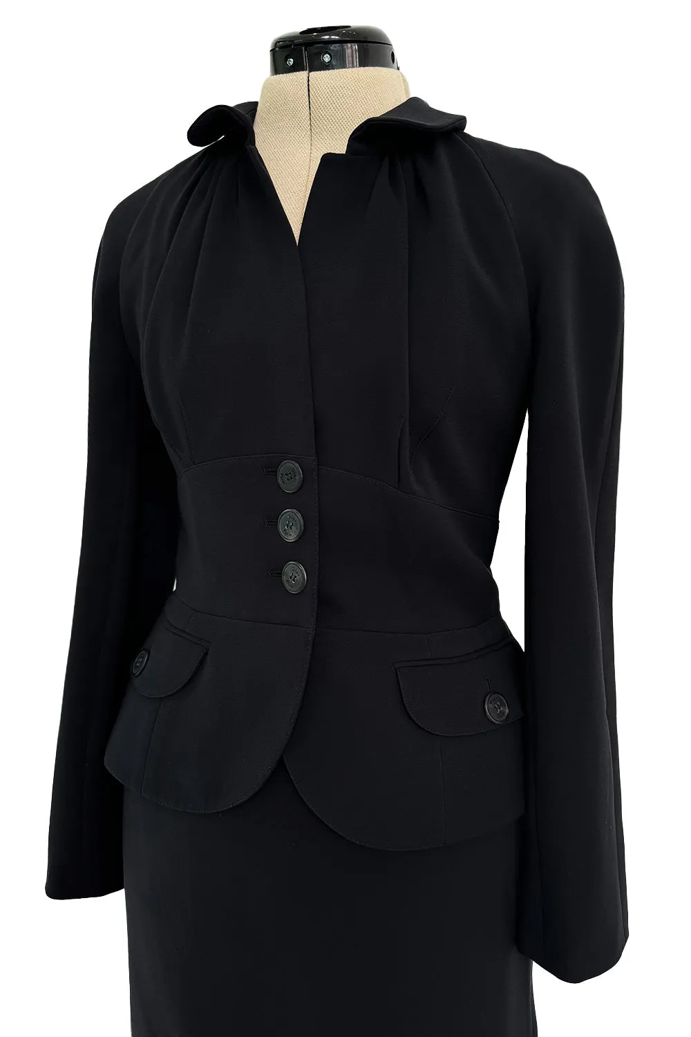 Pre-Fall 2011 Christian Dior by John Galliano Black Silk Suit w Back Flared Skirt & Gathered Detailed Jacket
