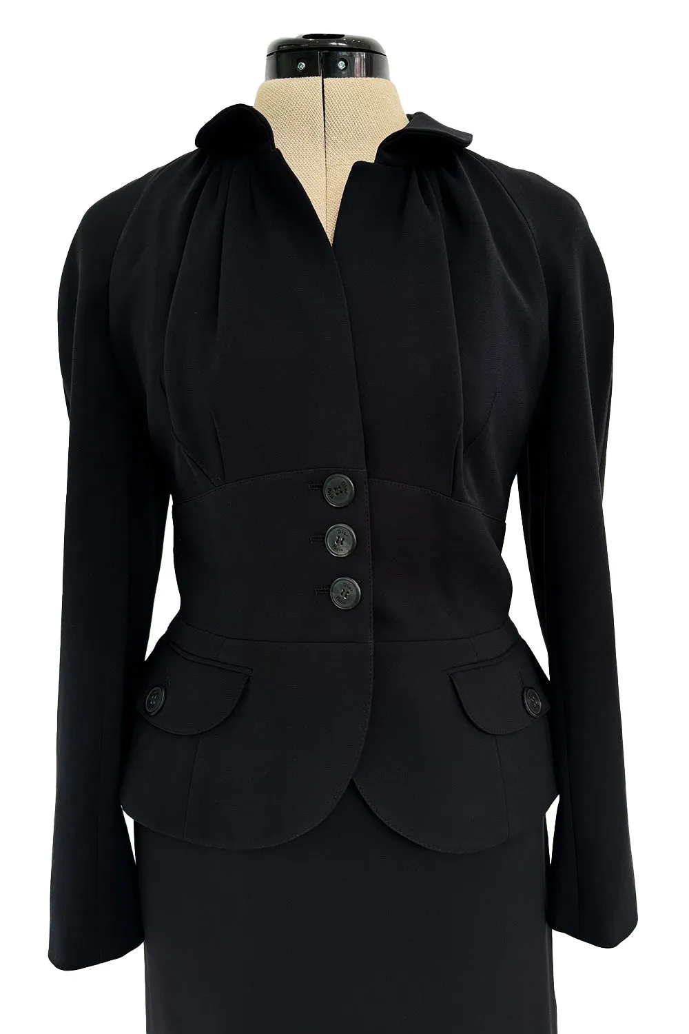 Pre-Fall 2011 Christian Dior by John Galliano Black Silk Suit w Back Flared Skirt & Gathered Detailed Jacket