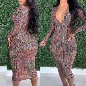 Print Deep V-Neck Long Sleeve Bodycon Dress
