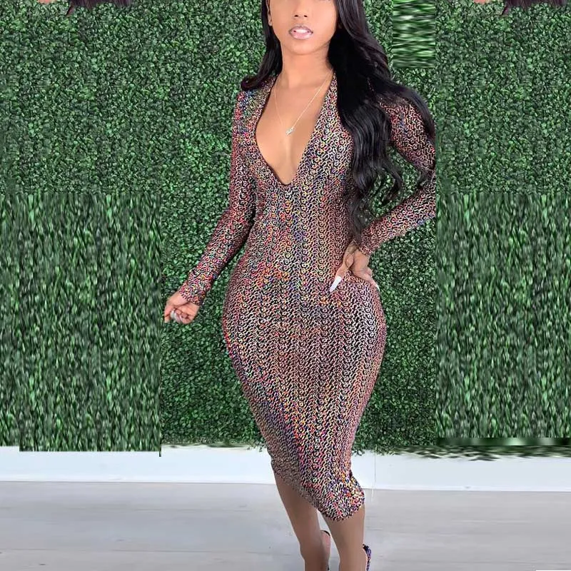 Print Deep V-Neck Long Sleeve Bodycon Dress