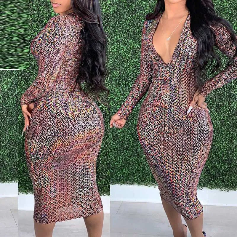 Print Deep V-Neck Long Sleeve Bodycon Dress