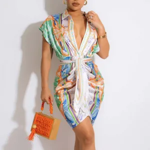 Print Sleeveless Deep V-Neck Tied Shirt Dress