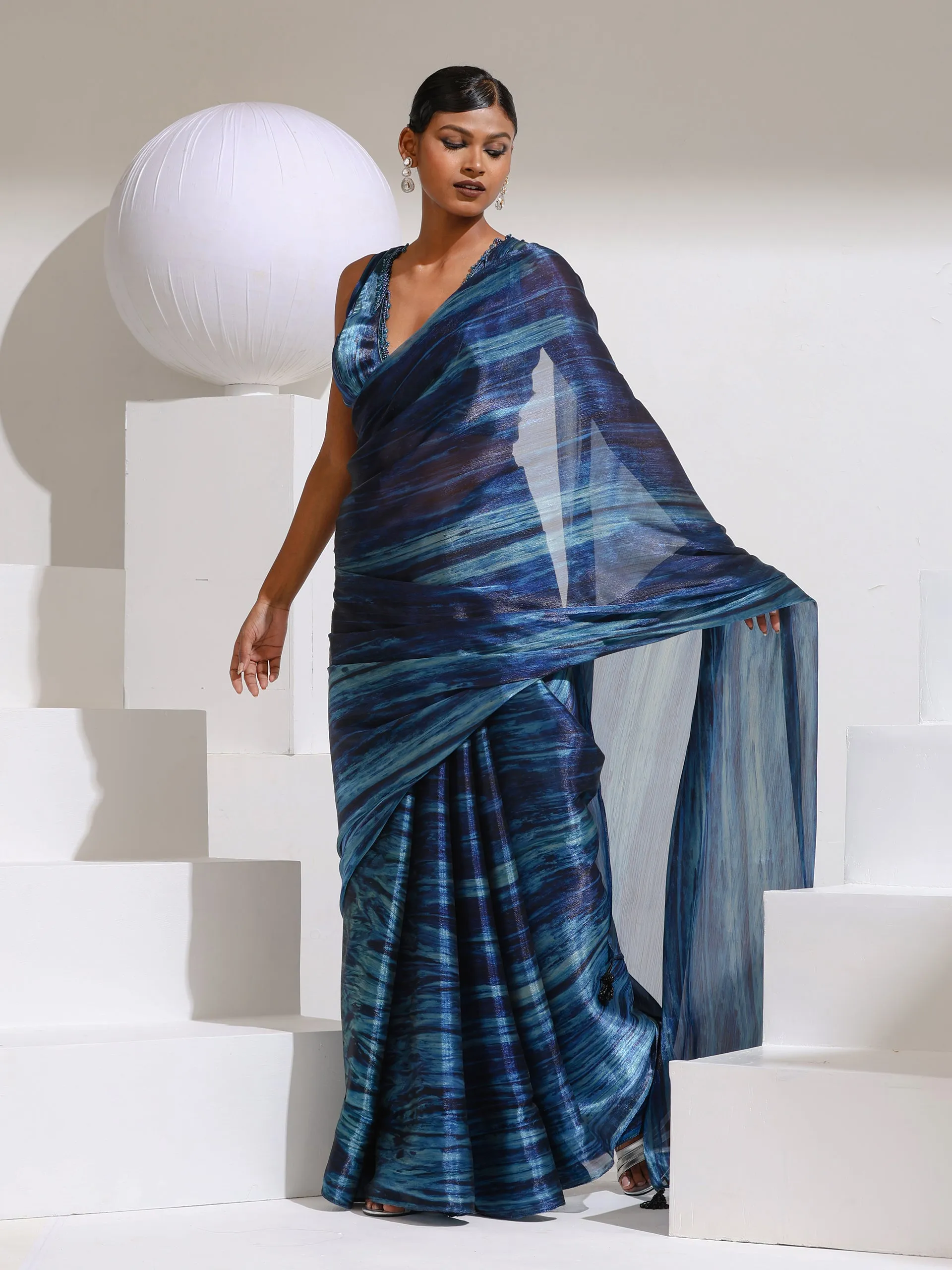 Prism Blue Print Organza  chiffon Saree with Bead Latkan and Self Blouse Fabric