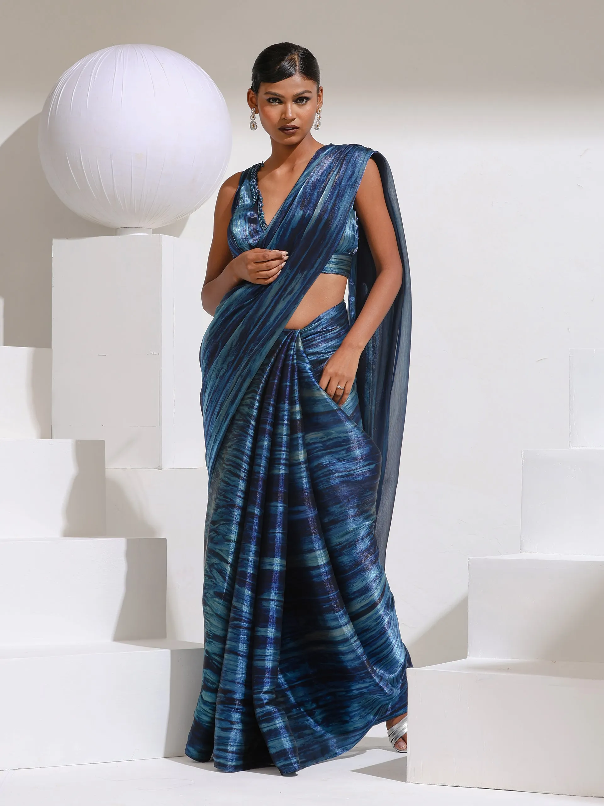 Prism Blue Print Organza  chiffon Saree with Bead Latkan and Self Blouse Fabric
