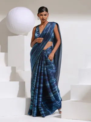 Prism Blue Print Organza  chiffon Saree with Bead Latkan and Self Blouse Fabric