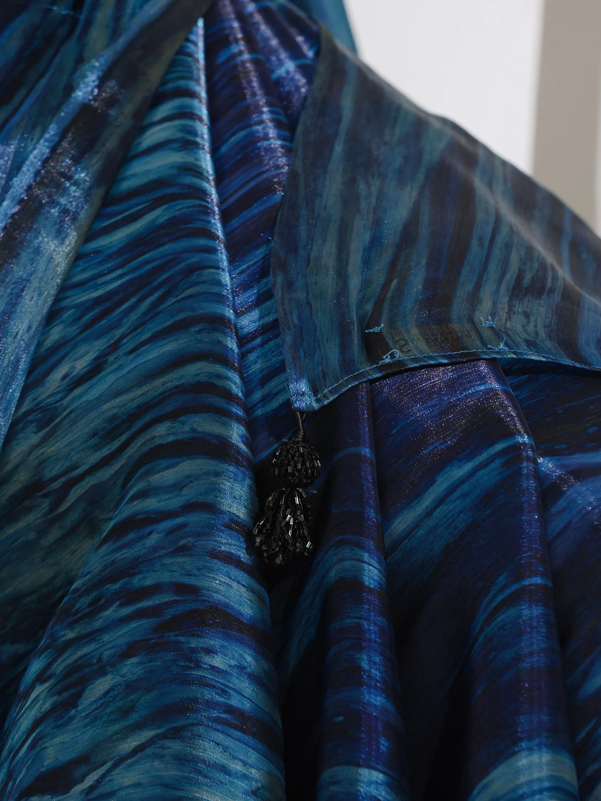 Prism Blue Print Organza  chiffon Saree with Bead Latkan and Self Blouse Fabric