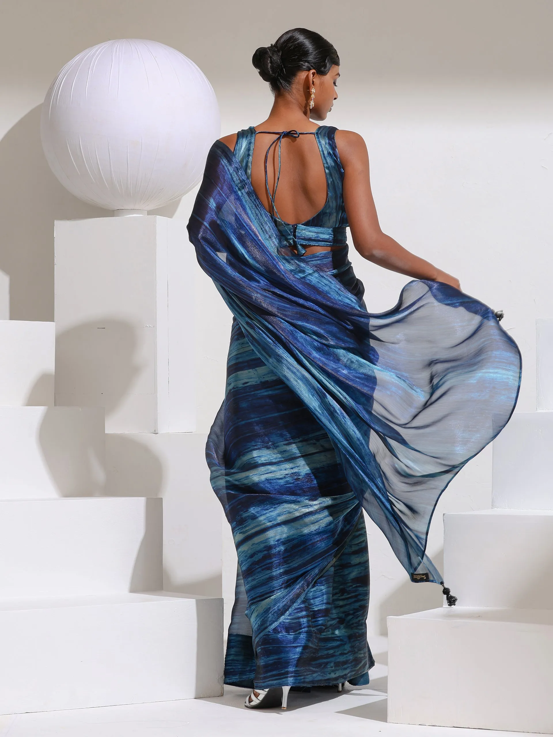 Prism Blue Print Organza  chiffon Saree with Bead Latkan and Self Blouse Fabric
