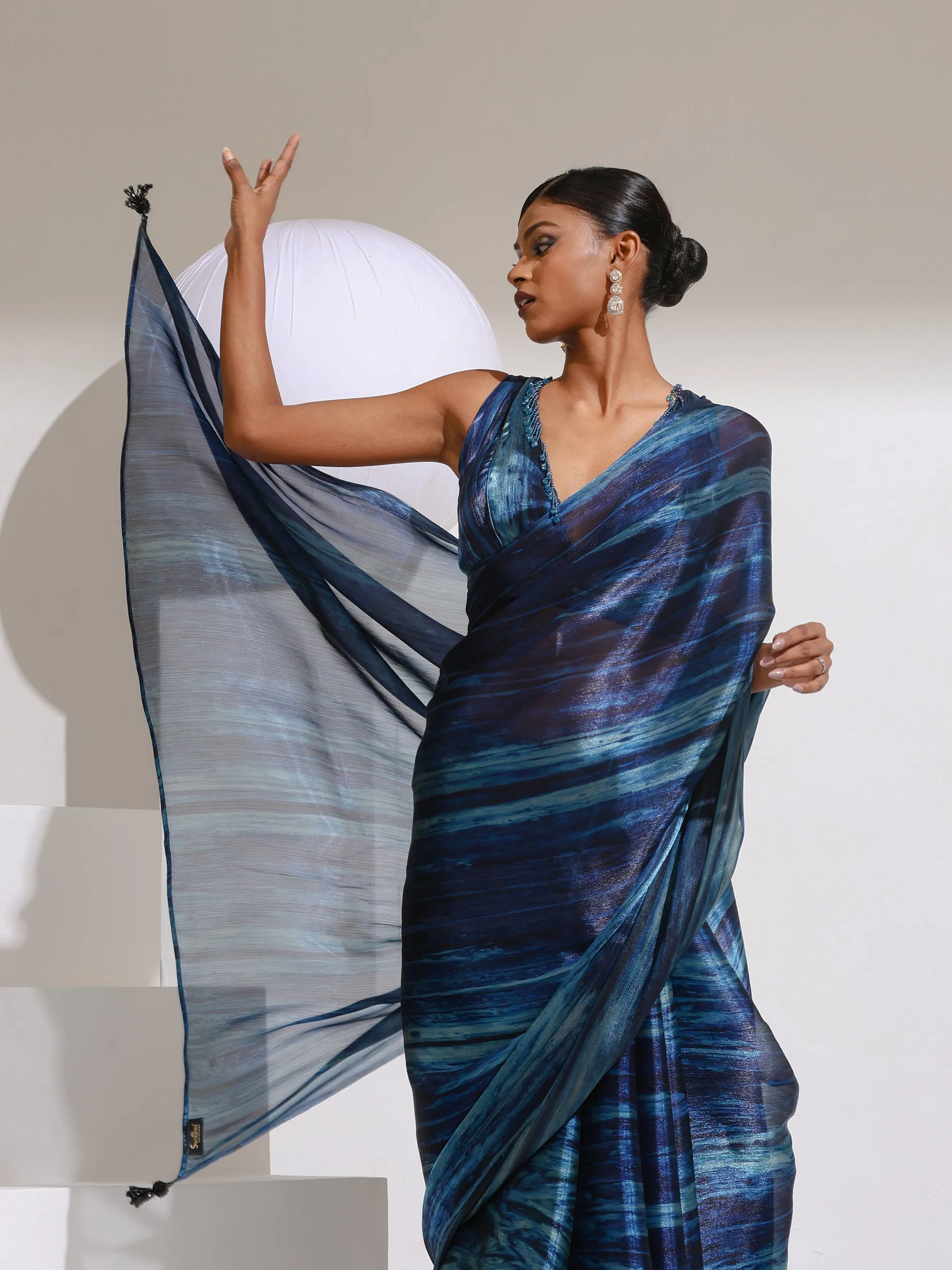 Prism Blue Print Organza  chiffon Saree with Bead Latkan and Self Blouse Fabric