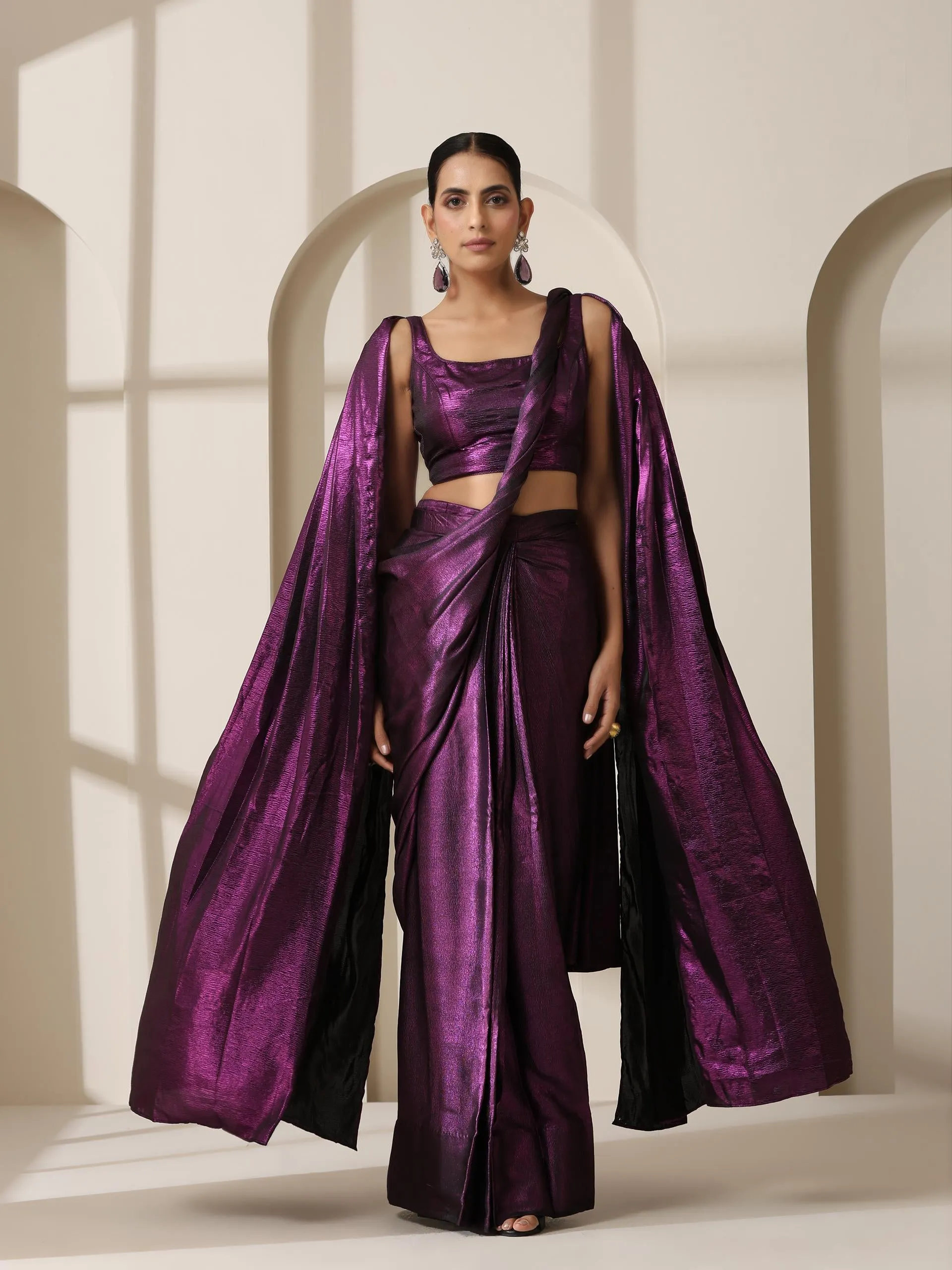 Punk Couture Purple Saree With Self Fabric Blouse
