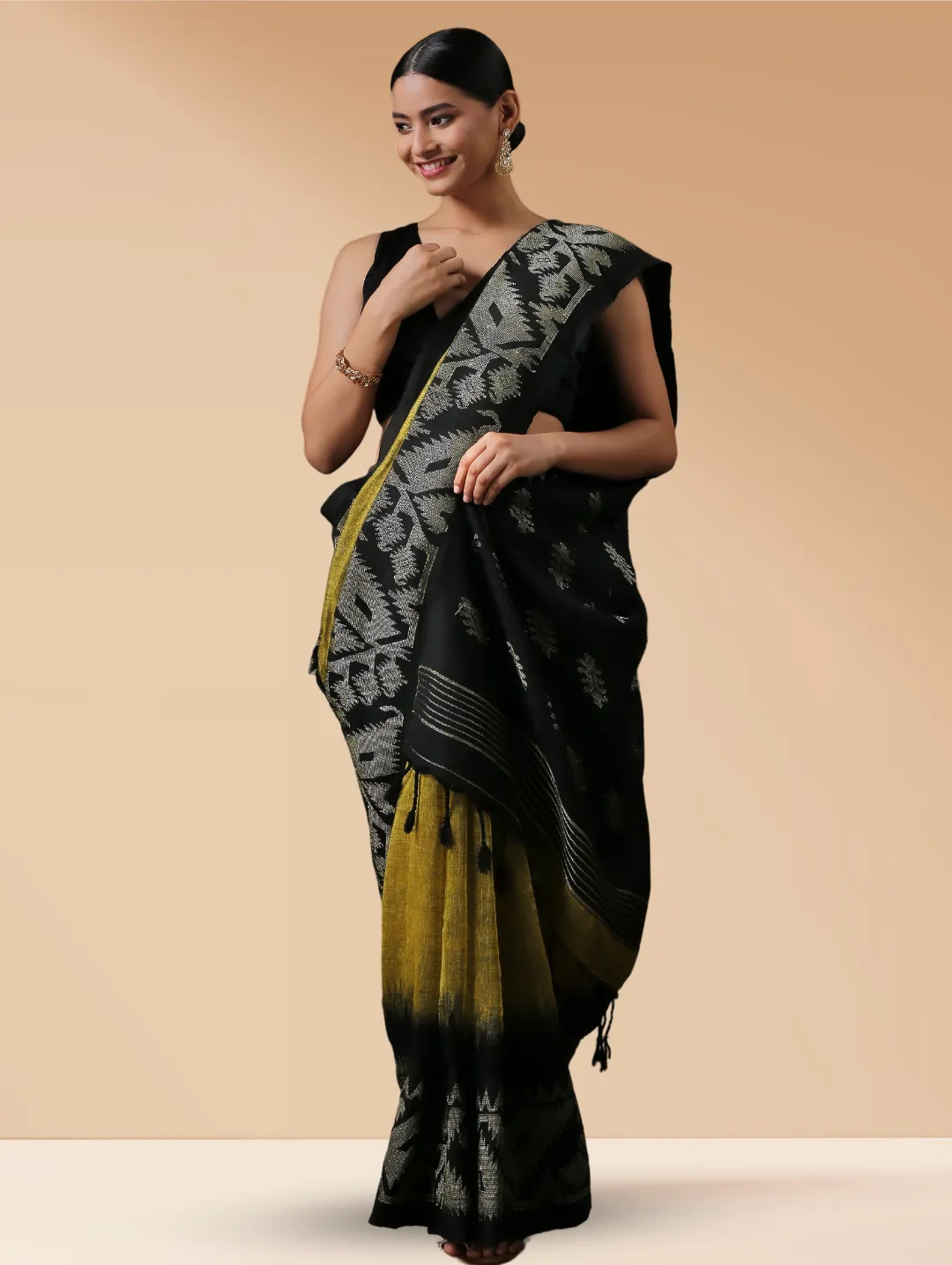 Pure Linen Henna & Woven Big Border Handloom Saree
