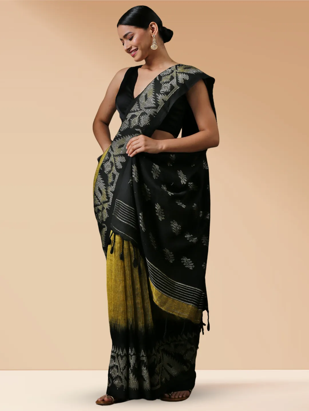 Pure Linen Henna & Woven Big Border Handloom Saree
