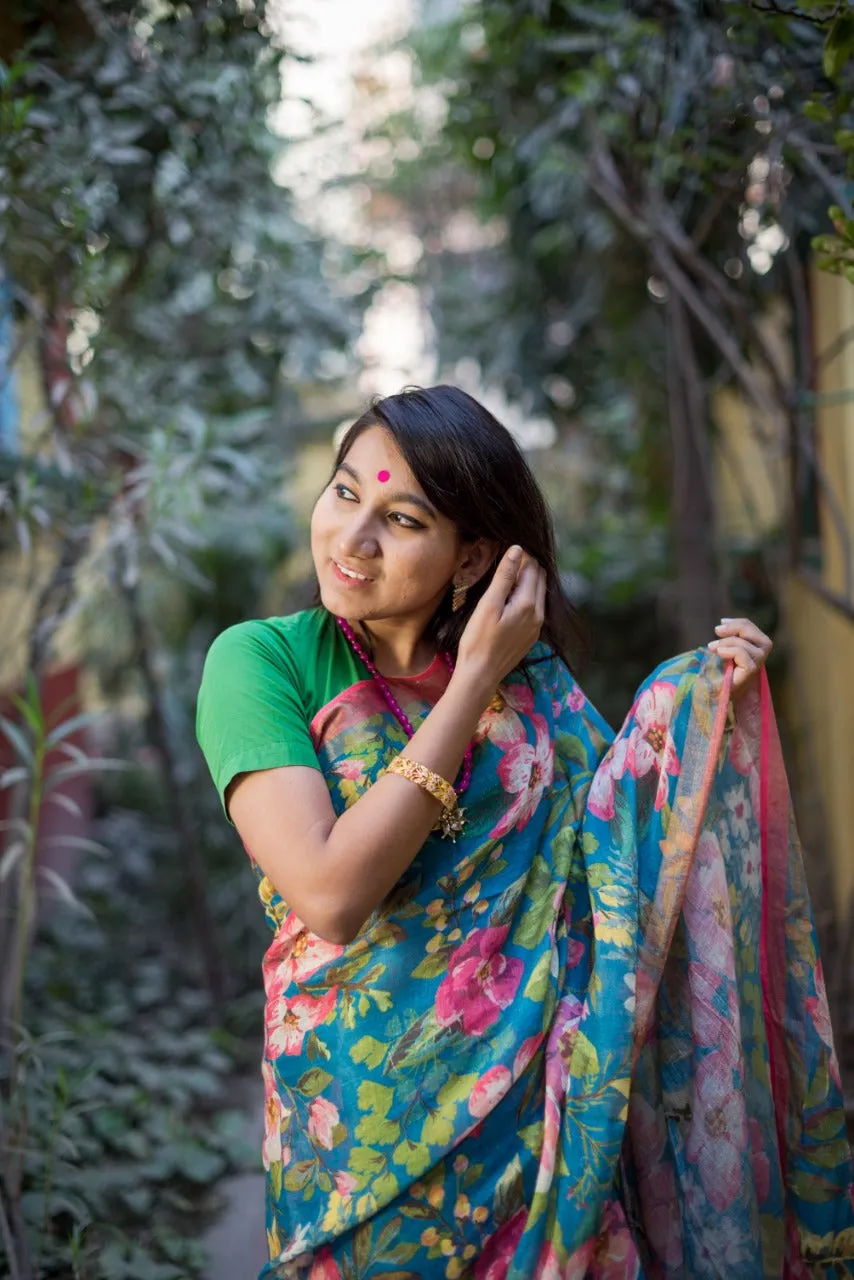 Pure Linen Saree In Blue