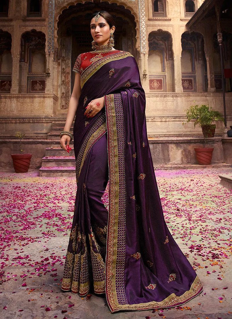 Purple And Maroon Zari Embroidered Traditional Saree