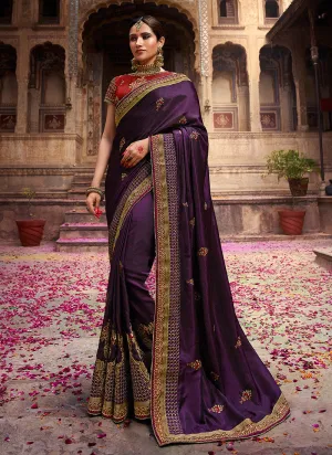 Purple And Maroon Zari Embroidered Traditional Saree