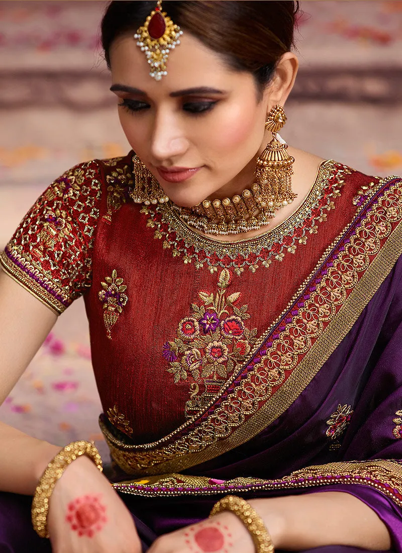 Purple And Maroon Zari Embroidered Traditional Saree