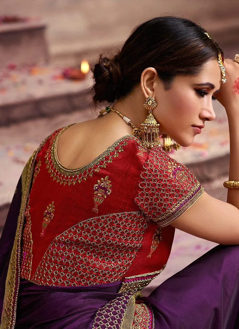 Purple And Maroon Zari Embroidered Traditional Saree