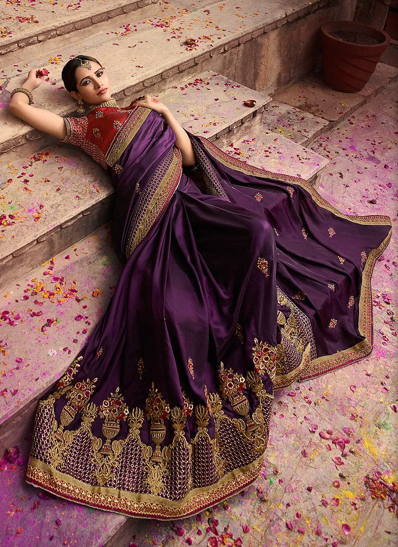 Purple And Maroon Zari Embroidered Traditional Saree