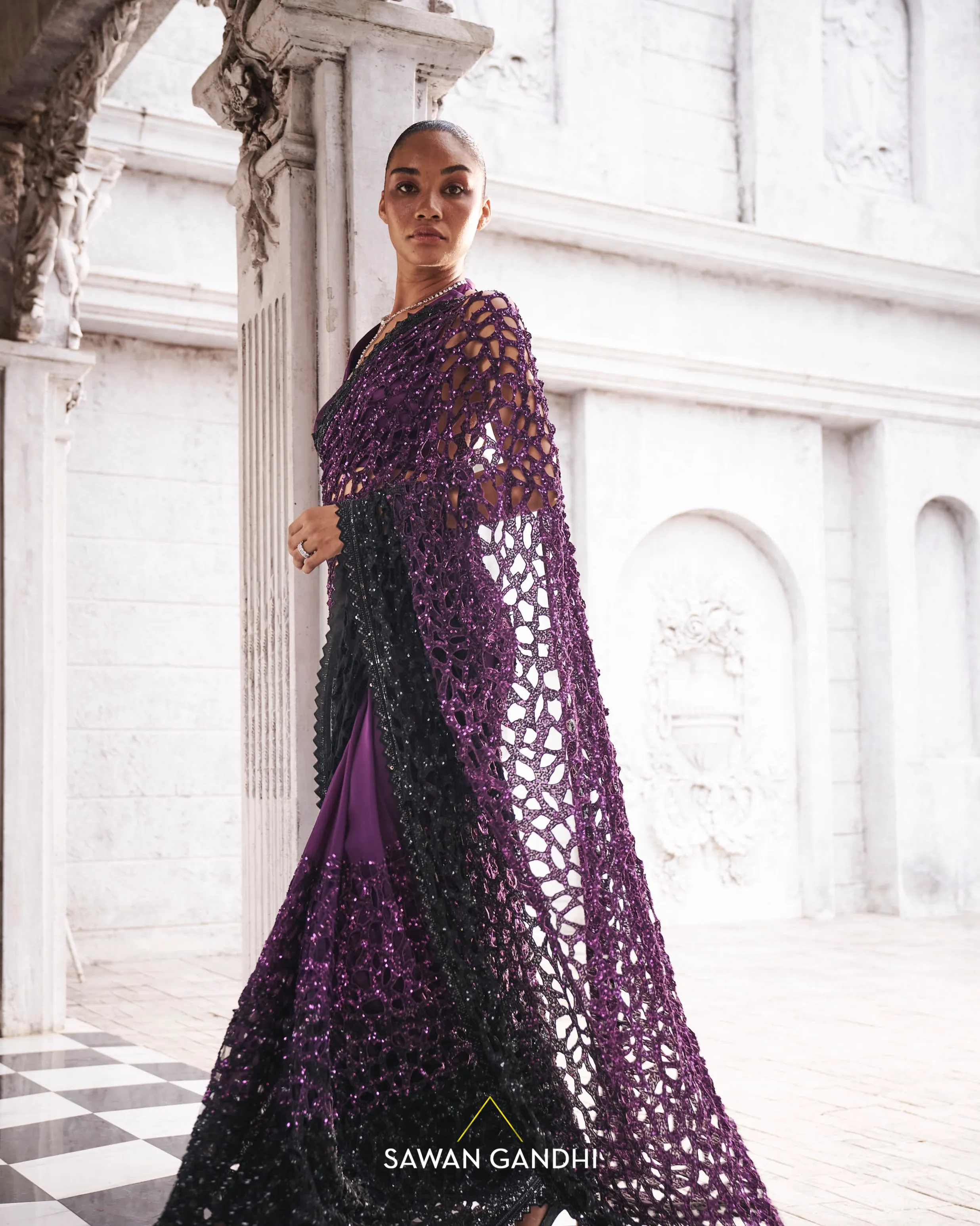 Purple to black ombre cutwork saree