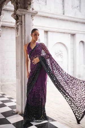 Purple to black ombre cutwork saree
