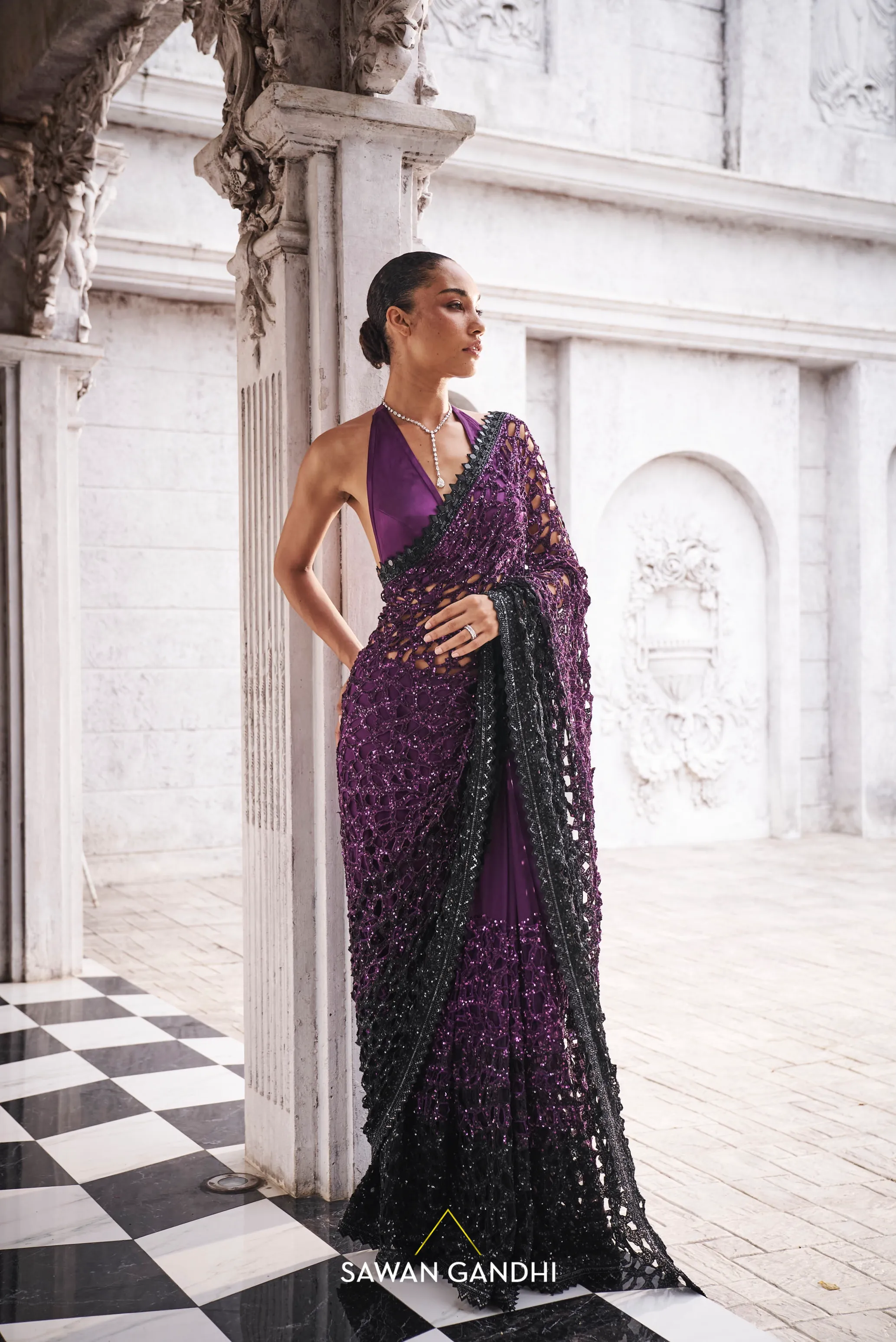Purple to black ombre cutwork saree