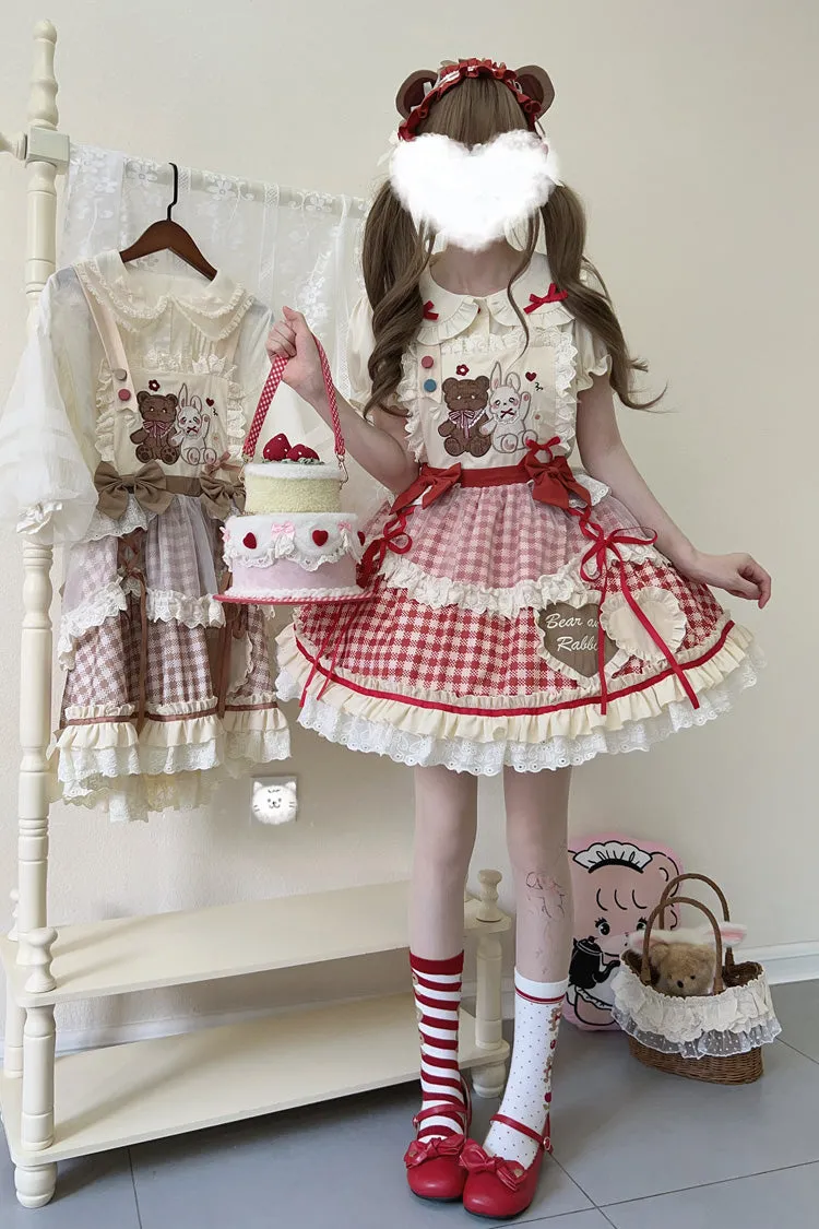 Rabbit Bear Diary Plaid Print Ruffle Bowknot Sweet Lolita Skirt 2 Colors (Blouse Included)