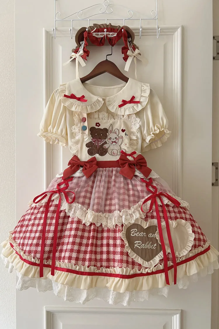 Rabbit Bear Diary Plaid Print Ruffle Bowknot Sweet Lolita Skirt 2 Colors (Blouse Included)