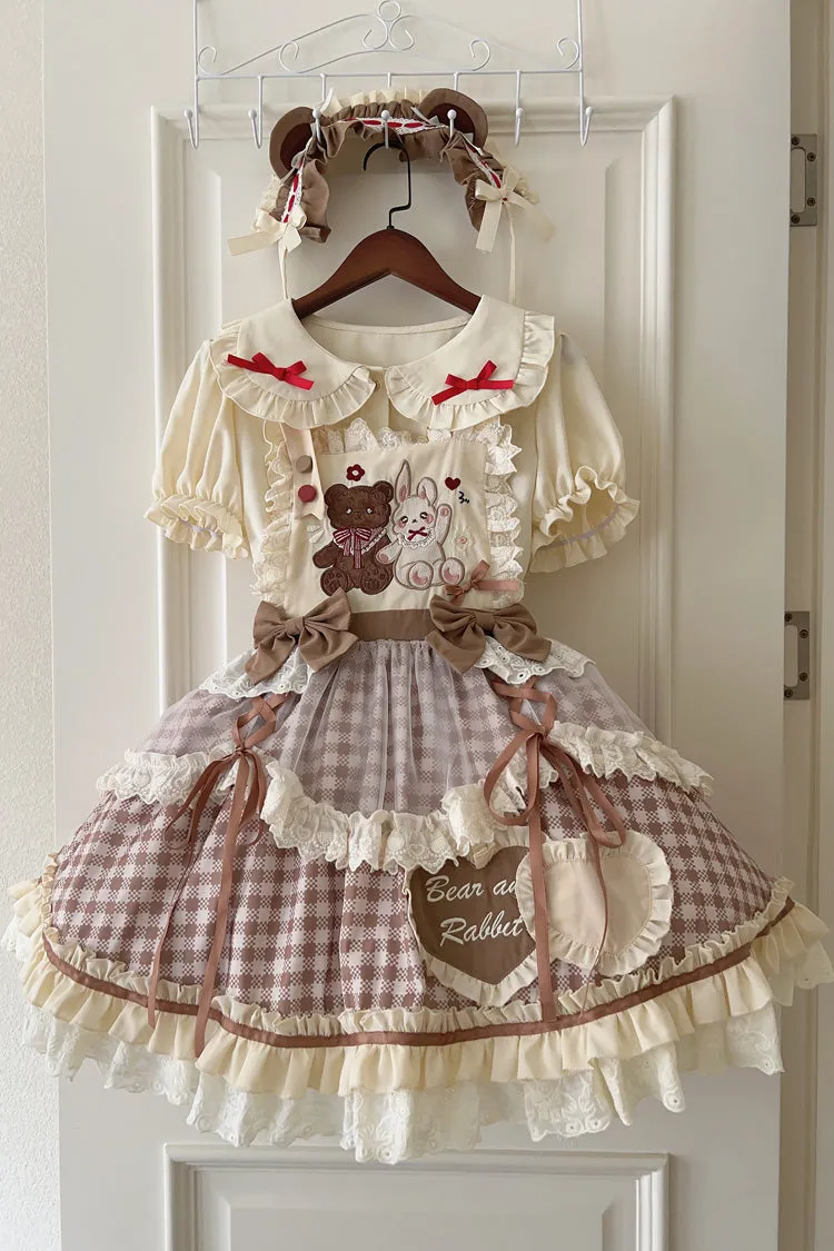 Rabbit Bear Diary Plaid Print Ruffle Bowknot Sweet Lolita Skirt 2 Colors (Blouse Included)