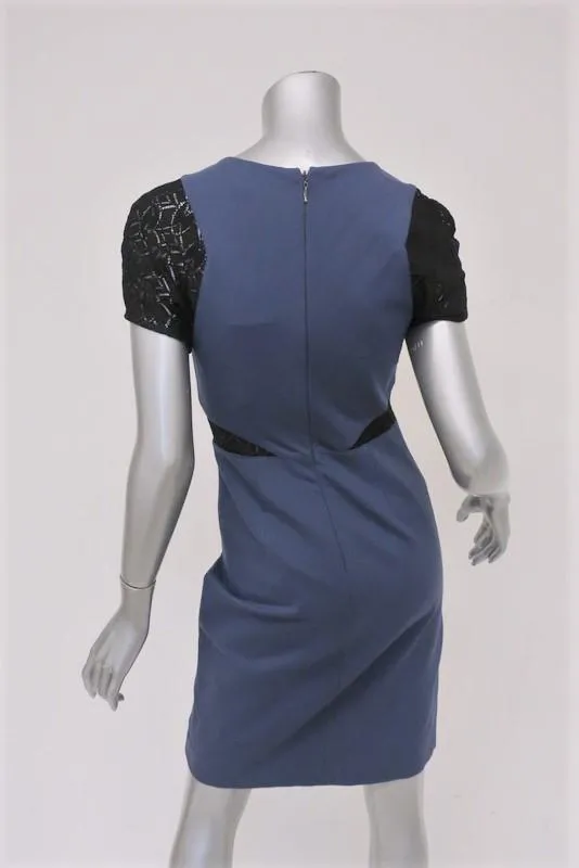 Rebecca Taylor Dress Harbour/Black Ponte & Lace Size 2 Short Sleeve Sheath NEW