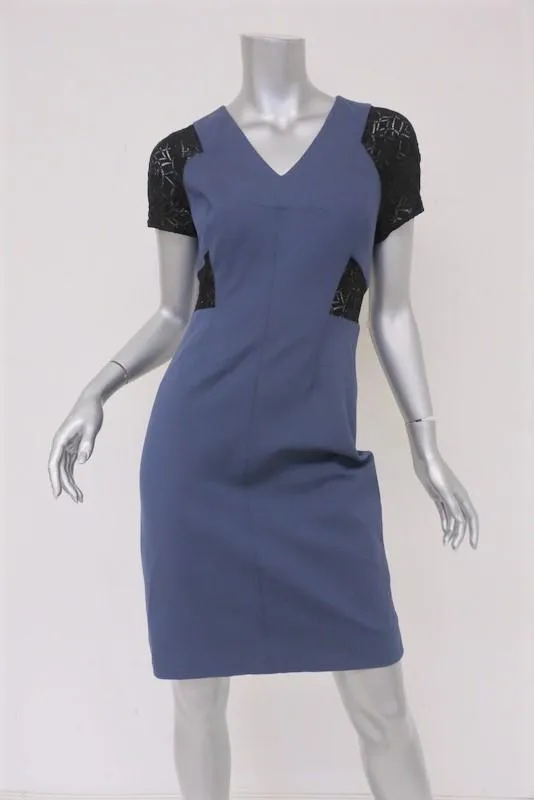 Rebecca Taylor Dress Harbour/Black Ponte & Lace Size 2 Short Sleeve Sheath NEW