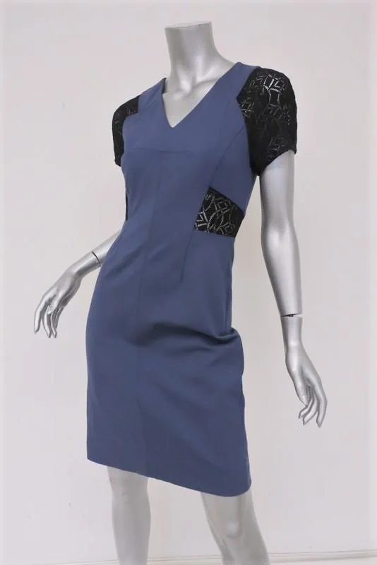 Rebecca Taylor Dress Harbour/Black Ponte & Lace Size 2 Short Sleeve Sheath NEW