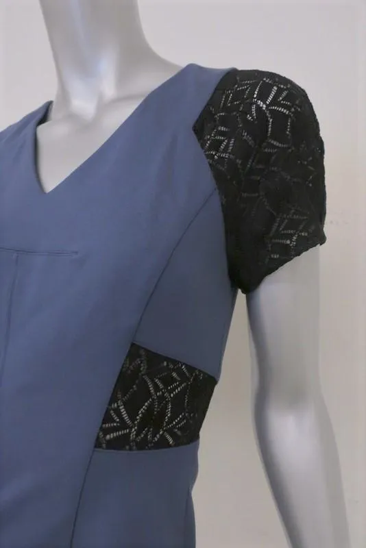 Rebecca Taylor Dress Harbour/Black Ponte & Lace Size 2 Short Sleeve Sheath NEW