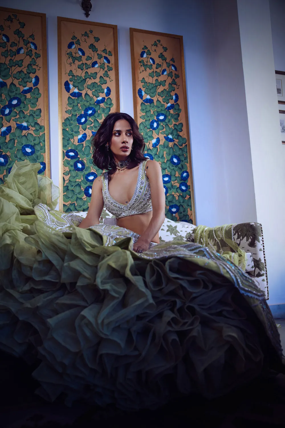 Reception Glam-Wear, Lime Green, Laser Cut Leather Applique Work, Hand Embroidery, Tulle, Lehenga