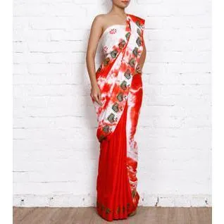 Red & White Tie Dyed & Block Printed Cotton Linen Saree