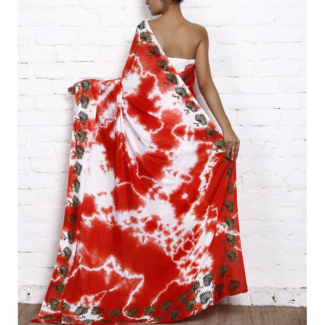 Red & White Tie Dyed & Block Printed Cotton Linen Saree