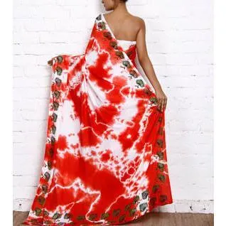 Red & White Tie Dyed & Block Printed Cotton Linen Saree