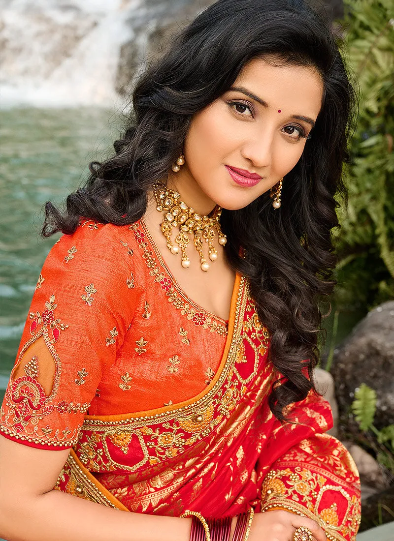 Red Orange Embroidered Silk Saree
