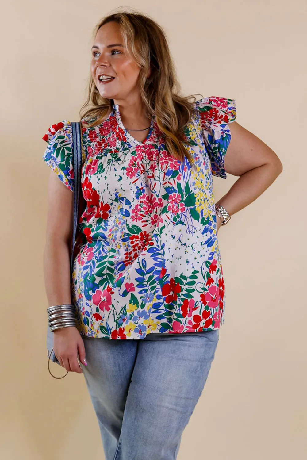Red Plus Floral Print Ruffle Cap Sleeve V Neck Blouse