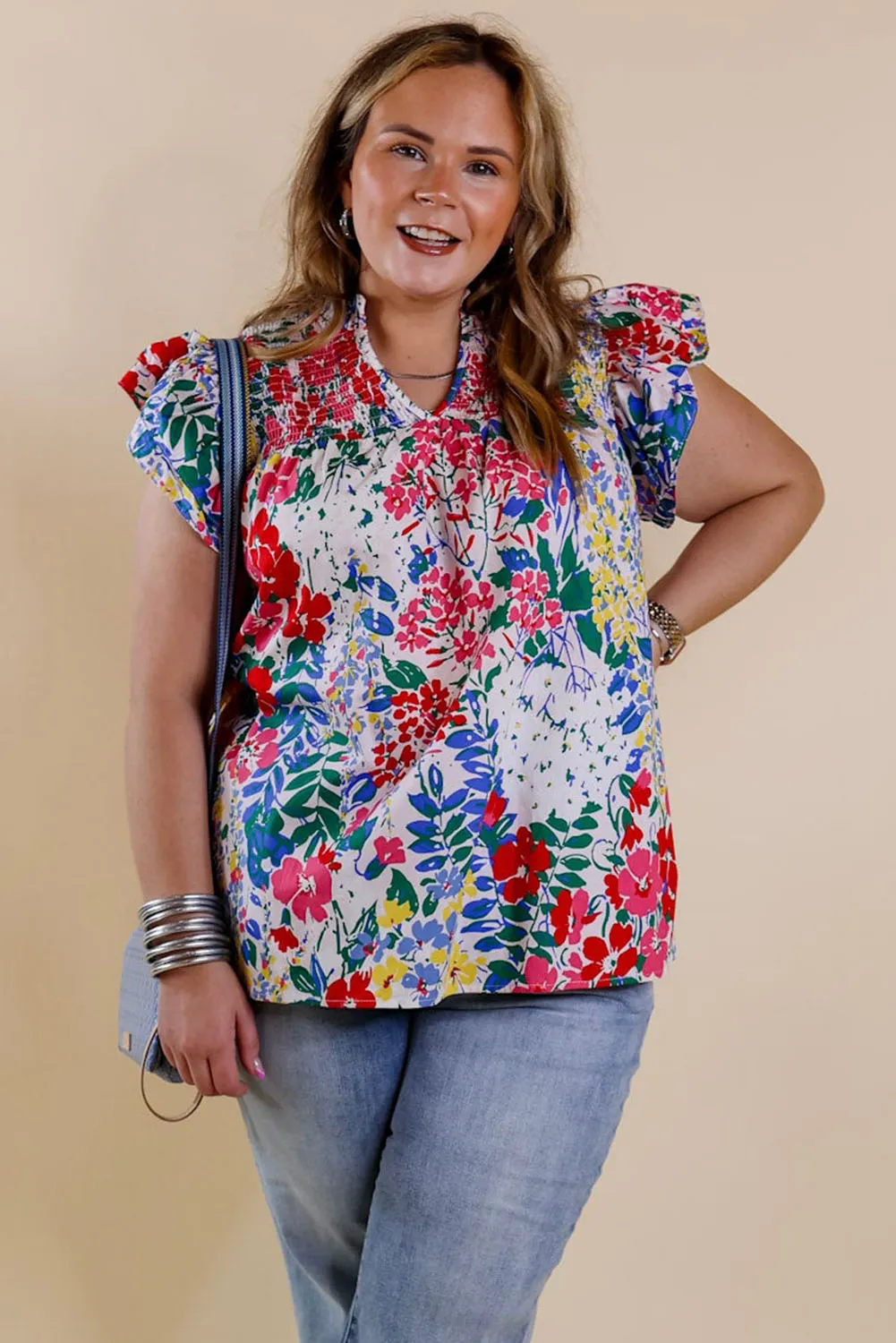 Red Plus Floral Print Ruffle Cap Sleeve V Neck Blouse