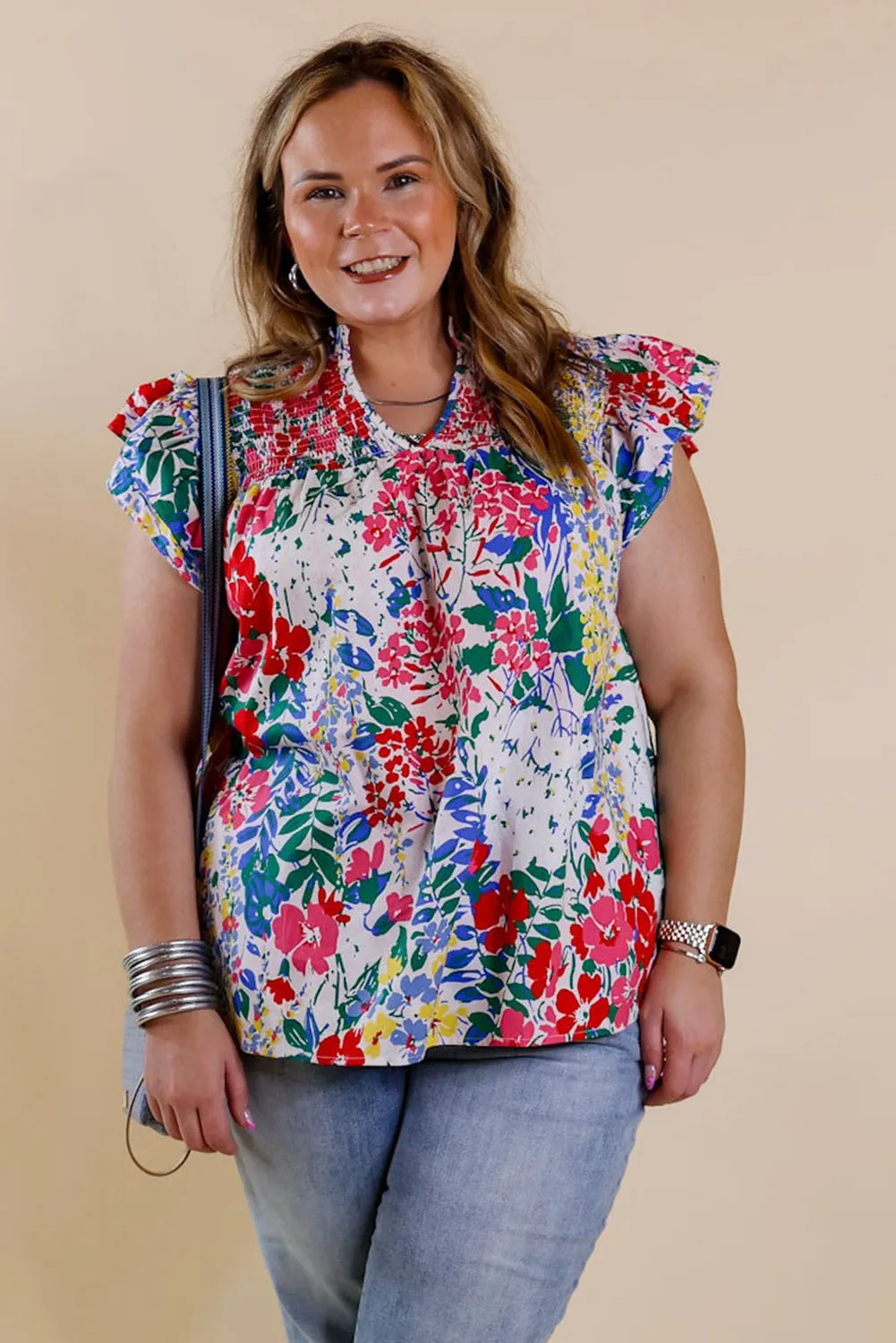 Red Plus Floral Print Ruffle Cap Sleeve V Neck Blouse