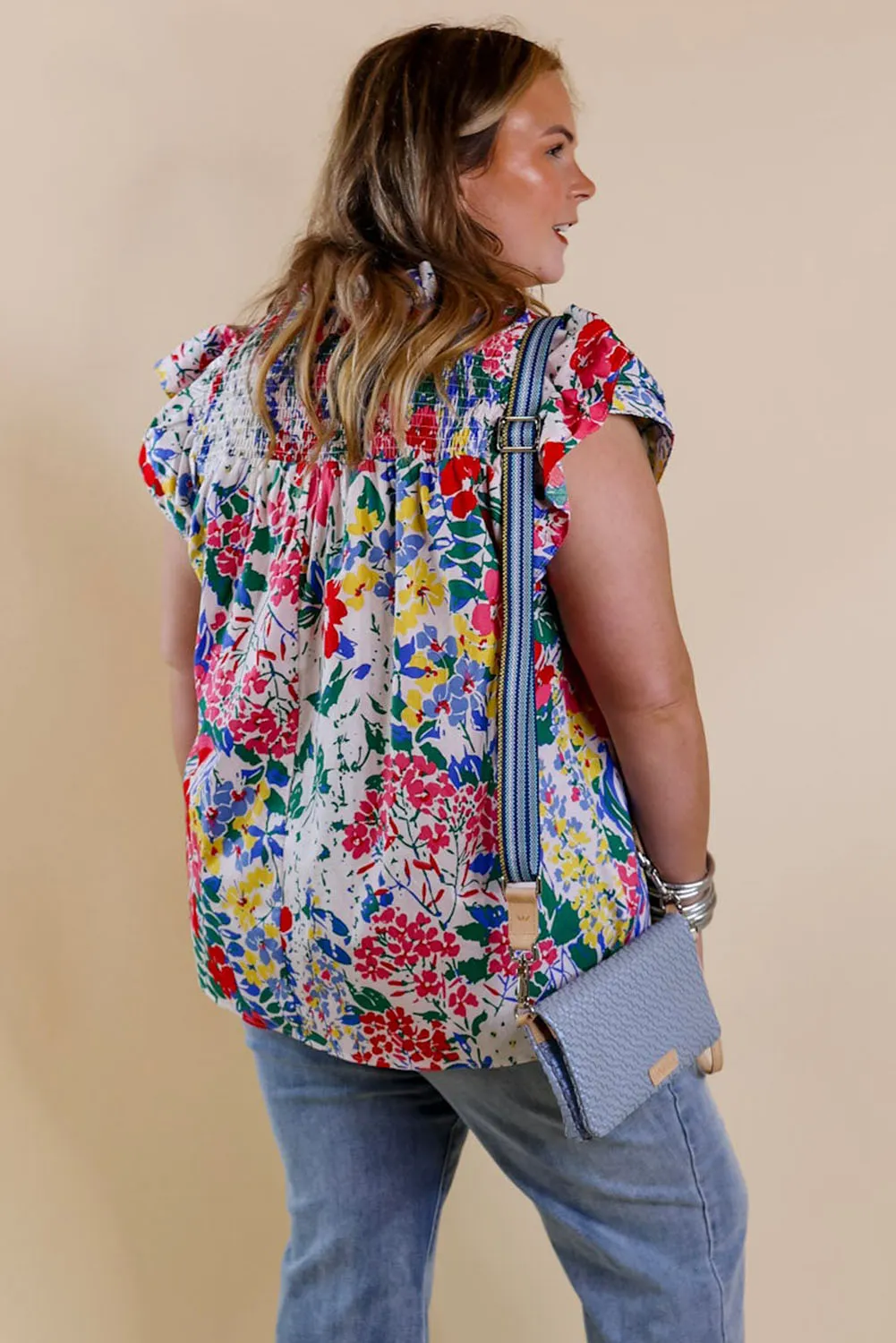 Red Plus Floral Print Ruffle Cap Sleeve V Neck Blouse